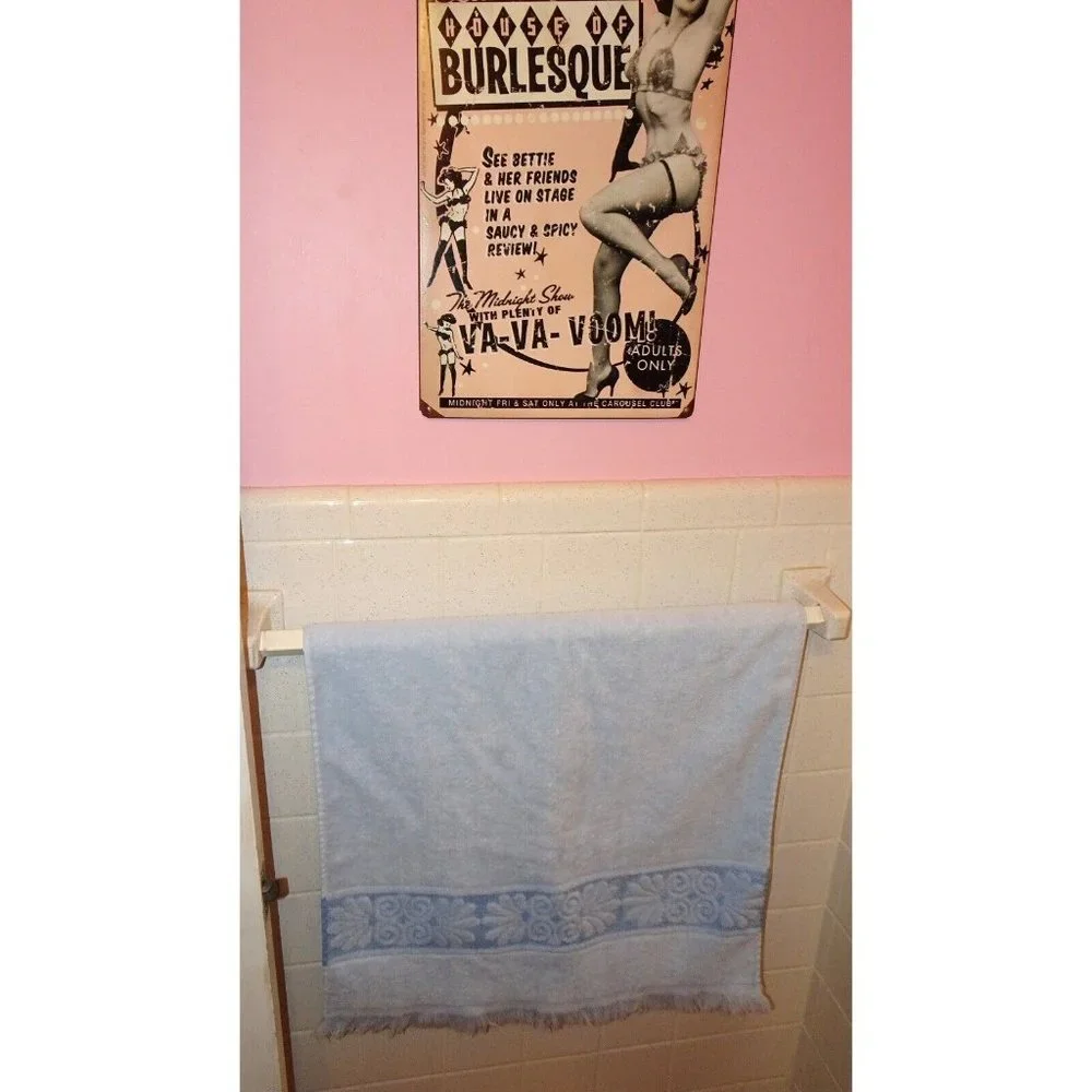 Vintage Light Blue Cannon Bath Towel with Fringe brocade panel 1970's mcm